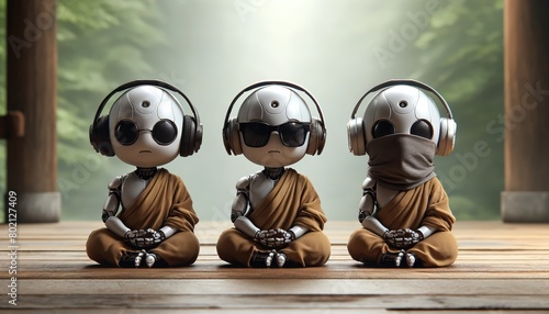 Three Robotic Monks in Meditation Hear, See, Speak No Evil. A contemporary twist on the classic hear no evil, see no evil, speak no evil theme, featuring three robotic monks meditating, each equipped 