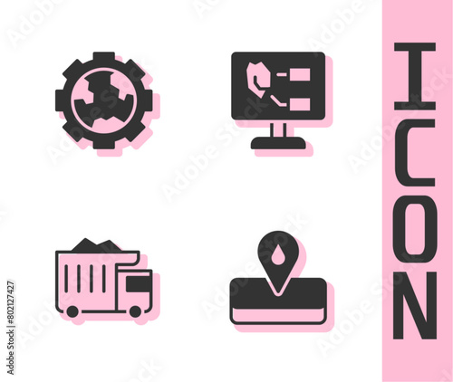 Set Oilfield, Gear wheels and earth, Mining dump truck and Soil analysis icon. Vector