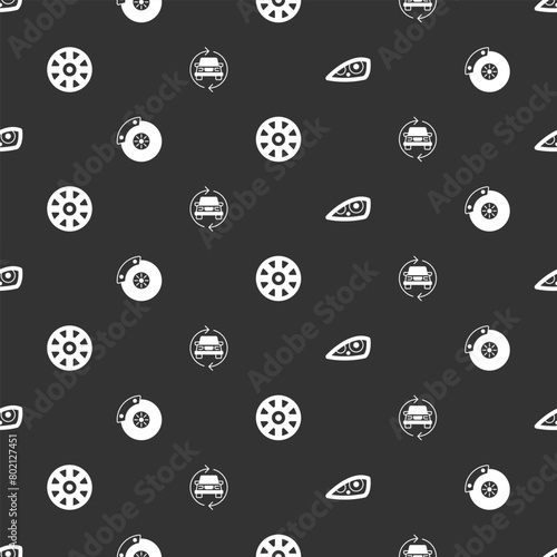 Set Car headlight, brake disk with caliper, Alloy wheel for car and service on seamless pattern. Vector