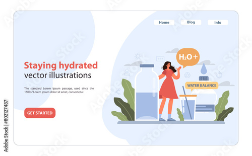 Staying Hydrated theme. A woman highlights the benefits of water intake for maintaining.