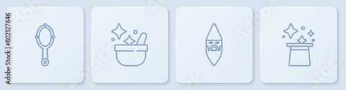 Set line Magic hand mirror, Wizard warlock, Witch cauldron and hat. White square button. Vector