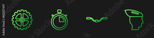 Set line Bicycle handlebar, sprocket crank, Stopwatch and helmet. Gradient color icons. Vector