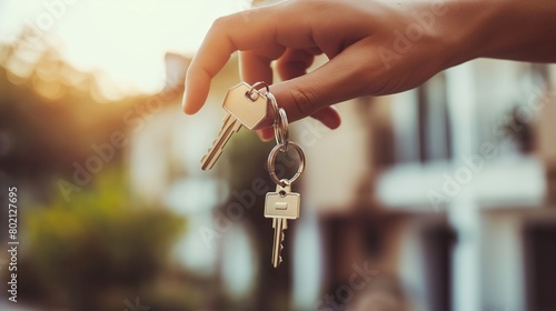 A real estate agent handing keys to new homeowners photo