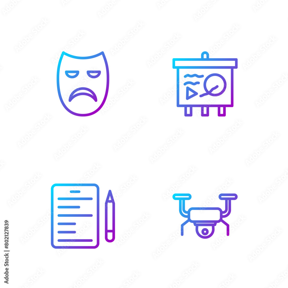 Set line Drone flying, Scenario, Drama theatrical mask and chalkboard. Gradient color icons. Vector Set line Drone flying, Scenario, Drama theatrical mask and chalkboard. Gradient color icons. Vector