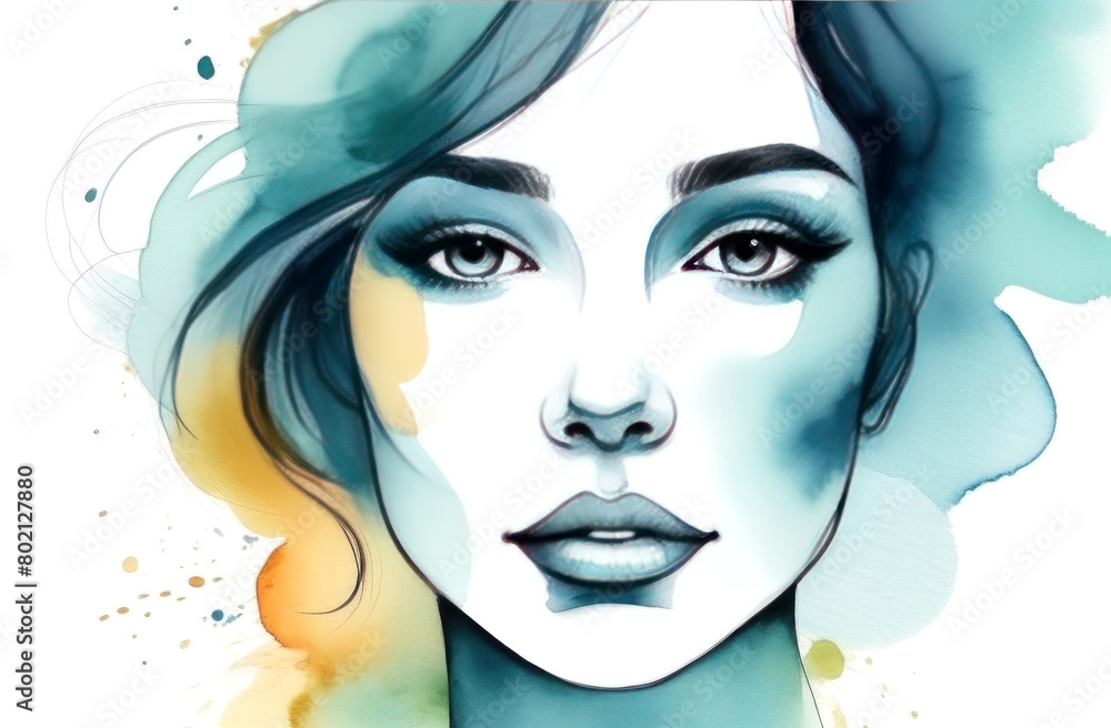 Artistic portrait of a stylized woman with striking blue tones and abstract watercolor splashes