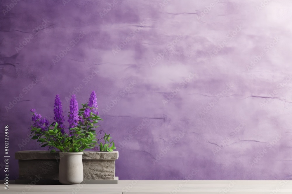 Violet minimalistic abstract empty stone wall mockup background for product presentation. Neutral industrial interior with light, plants, and shadow