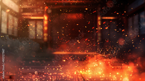 Martial arts dojo with fiery red particles pulsating amidst a softly blurred setting, embodying the discipline and skill of martial artists. photo