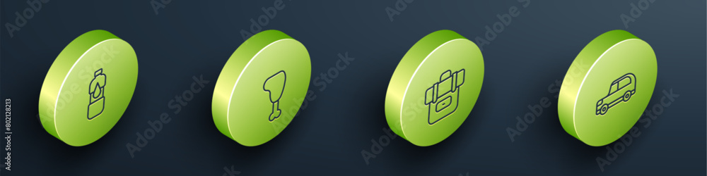 Set Isometric line Bottle of water, Chicken leg, Hiking backpack and Car icon. Vector Set Isometric line Bottle of water, Chicken leg, Hiking backpack and Car icon. Vector