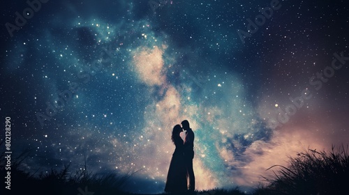 A young couple stealing a kiss under a star-filled sky, the world around them fading into the background. photo