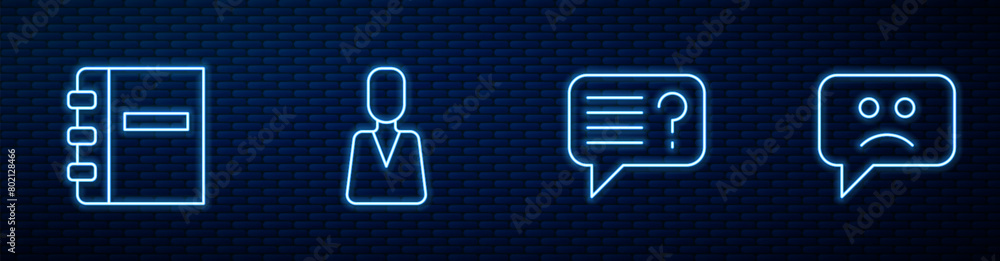 Set line Unknown search, Notebook, Employee and Sad smile. Glowing neon icon on brick wall. Vector Set line Unknown search, Notebook, Employee and Sad smile. Glowing neon icon on brick wall. Vector