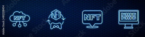 Set line NFT Digital crypto art, cloud, and Binary code. Glowing neon icon on brick wall. Vector