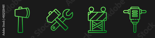 Set line Road barrier, Wooden axe, Hammer and wrench spanner and Electric rotary hammer drill. Gradient color icons. Vector