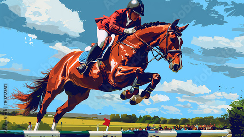 Equestrian (Show Jumping) - A rider on a horse jumps over a barrier. The background features a green landscape and spectators