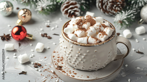 Cup of tasty cocoa with marshmallows and Christmas
