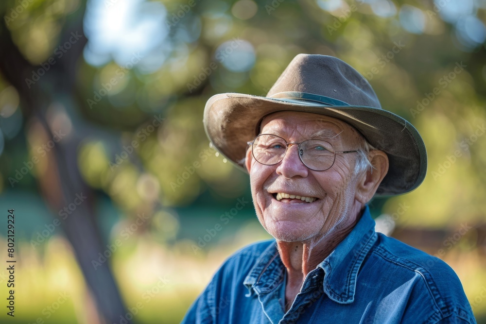 A candid shot of a senior man with a genuine smile, wearing a hat and glasses outdoors