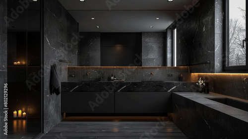 A black bathroom with a large mirror and a sink. The bathroom is very dark and has a modern design