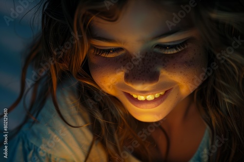 A young woman smiling while looking at her cell phone, her face illuminated by the soft glow of the screen