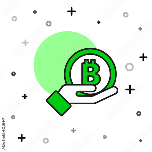 Filled outline Hand holding Bitcoin icon isolated on white background. Blockchain technology, digital money market, cryptocoin wallet. Vector