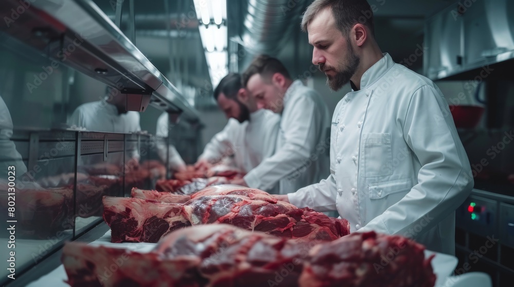 depicting inspectors conducting thorough inspections of beef carcasses to ensure quality and safety standards are met