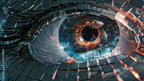 Close up of an human eye of a cyborg