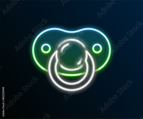 Glowing neon line Baby dummy pacifier icon isolated on black background. Toy of a child. Colorful outline concept. Vector