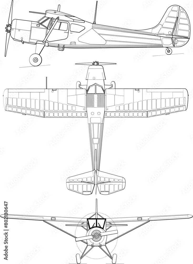 Fototapeta premium Adobe Illustrator Artwork Yakovlev Yak-12 3-view line drawing-svg vector file.eps