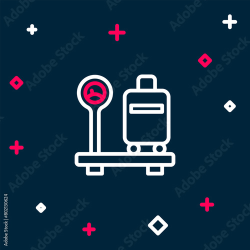 Line Scale with suitcase icon isolated on blue background. Logistic and delivery. Weight of delivery package on a scale. Colorful outline concept. Vector