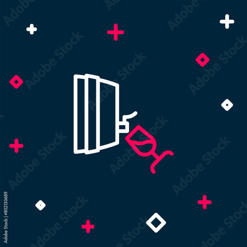 Line Wine tasting, degustation icon isolated on blue background. Wooden barrel for wine with glass. Colorful outline concept. Vector