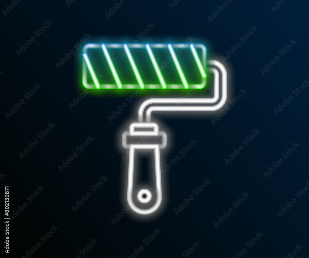 Glowing neon line Paint roller brush icon isolated on black background. Colorful outline concept. Vector Glowing neon line Paint roller brush icon isolated on black background. Colorful outline concept. Vector