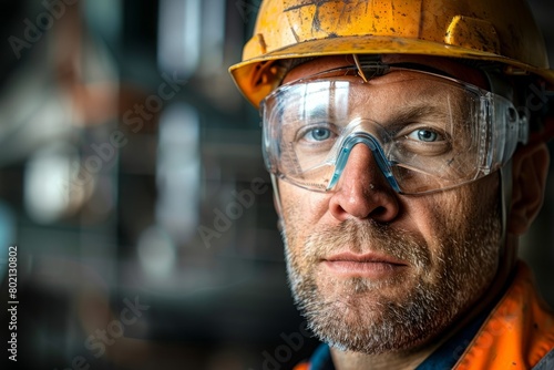 A closeup portrait of a male factory worker in his mids wearing a protective helmet and goggles