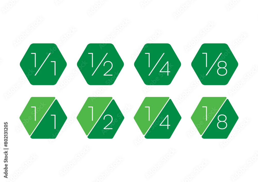 Fractional numbers in green hexagons. whole, half, quarter fractional numbers. fractional numbers concept Fractional numbers in green hexagons. whole, half, quarter fractional numbers. fractional numbers concept