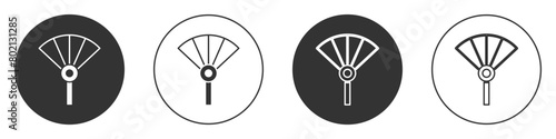 Black Traditional paper chinese or japanese folding fan icon isolated on white background. Circle button. Vector