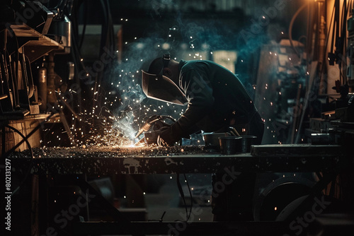 Sparks fly as a welder works in a dimly lit workshop