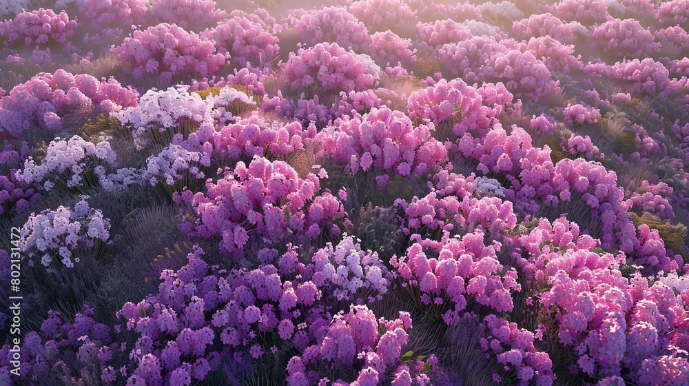 A field of pink and white flowers with a warm glow. A field of pink and white flowers with a warm glow.