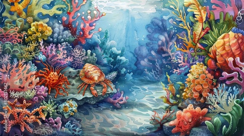 A beautiful watercolor painting of a coral reef