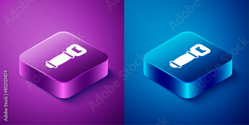 Isometric Bottle opener icon isolated on blue and purple background. Square button. Vector