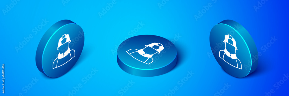 Isometric Firefighter icon isolated on blue background. Blue circle button. Vector Isometric Firefighter icon isolated on blue background. Blue circle button. Vector