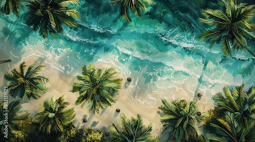 An aerial view of palm trees on a tropical beach