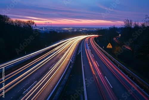 Long exposure of an urban highway at night with streaks of car lights creating trails along the road, illuminated by city lights