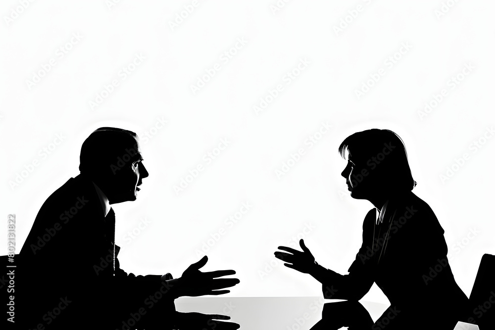 silhouettes of two people talking in the office silhouettes of two people talking in the office