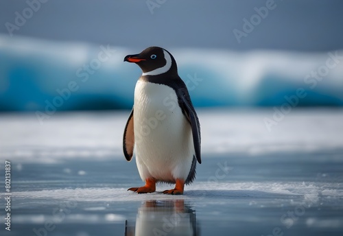 A penguin waddling on an icy blue background  generative AI