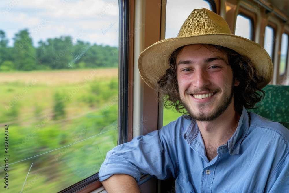 A man wearing a straw hat is smiling at the camera while sitting on a train