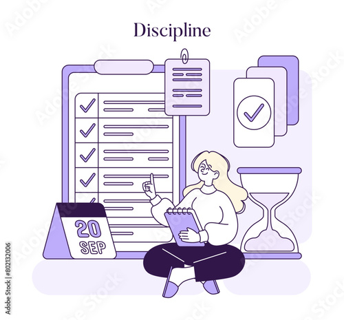 A diligent woman with a planner ensures meticulous schedule adherence, showcasing the essence of disciplined time management