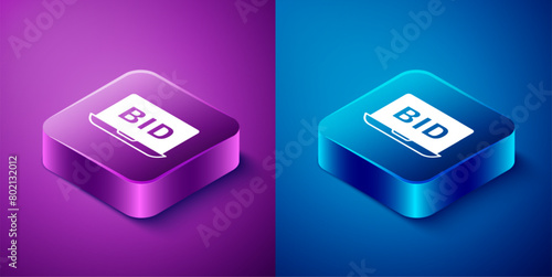Isometric Online auction icon isolated on blue and purple background. Bid sign. Auction bidding. Sale and buyers. Square button. Vector photo