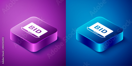 Isometric Online auction icon isolated on blue and purple background. Bid sign. Auction bidding. Sale and buyers. Square button. Vector