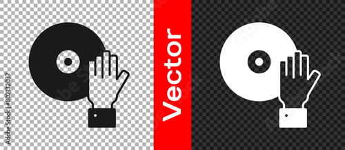 Black DJ playing music icon isolated on transparent background. Vector