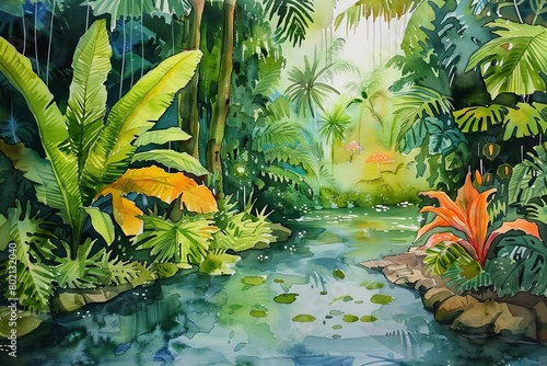 A lush tropical rainforest with a river running through it