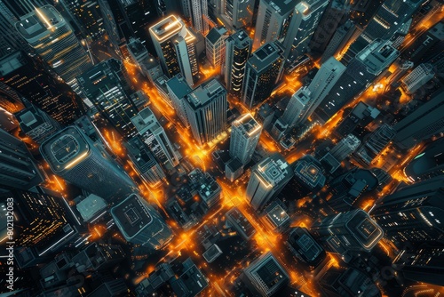 A night-time aerial view of a modern city with illuminated skyscrapers and data networks overlaying the buildings