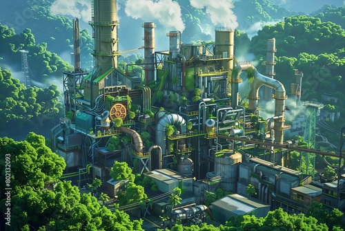 Photo of a beautiful green factory in the middle of a lush forest © nattapon
