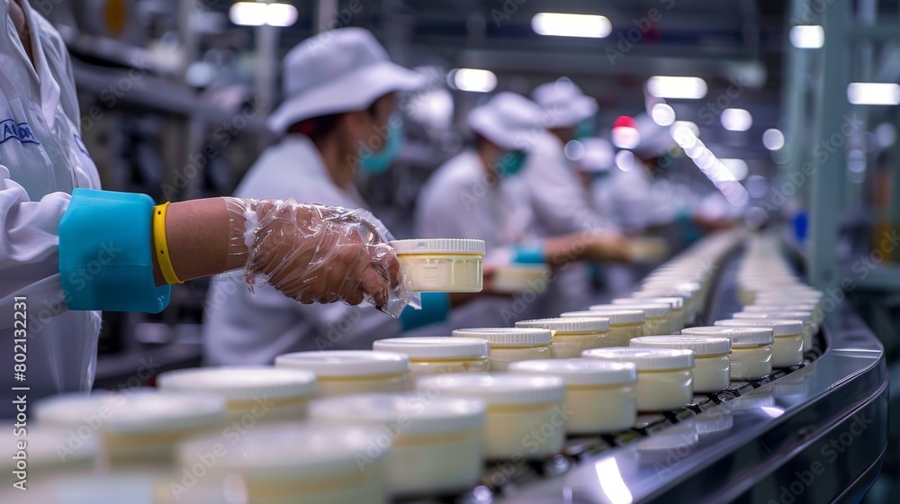 workers packaging freshly processed dairy products and labeling them for export, ensuring quality and compliance with international standards